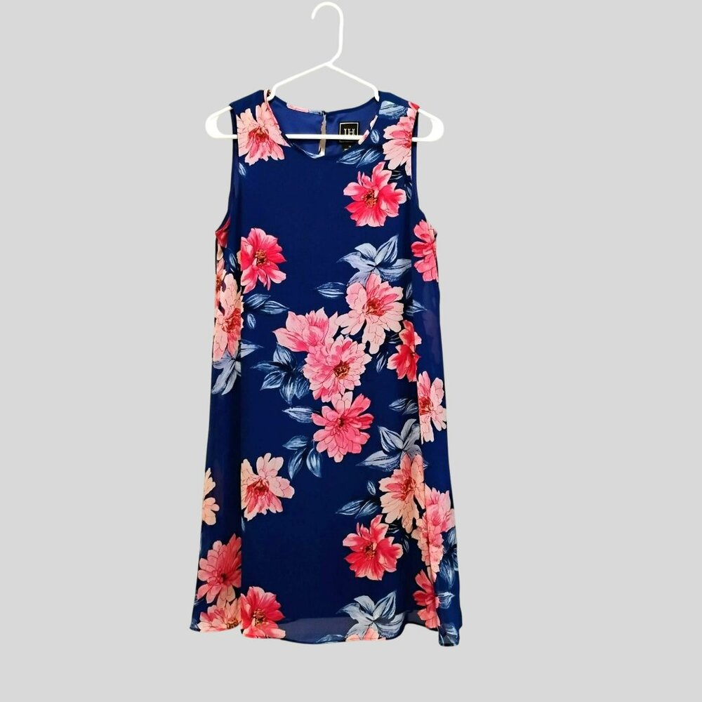 Floral Sleeveless Dress By JH Size 10 Blue With Pink Blossom Print Polyester
